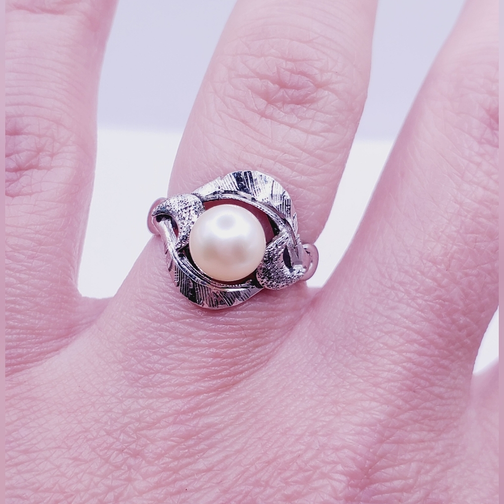 Pearl Ring 925 Sterling Silver Ring Vintage Ring Moon Ring Diamond Cut Ring - Picture 6 of 11